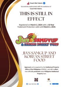 JIA'S SAMGUP AND KOREAN STREET FOOD trademark announcement