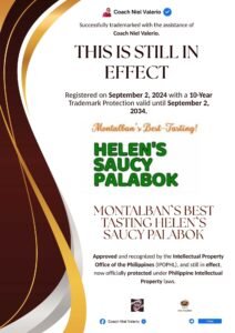 MONTALBAN`S BEST TASTING HELEN`S SAUCY PALABOK trademark announcement